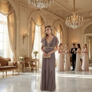 Badgley Mischka Women Beige Nude Maxi Dress Siz 8 Formal Gown Wedding Bridesmaid